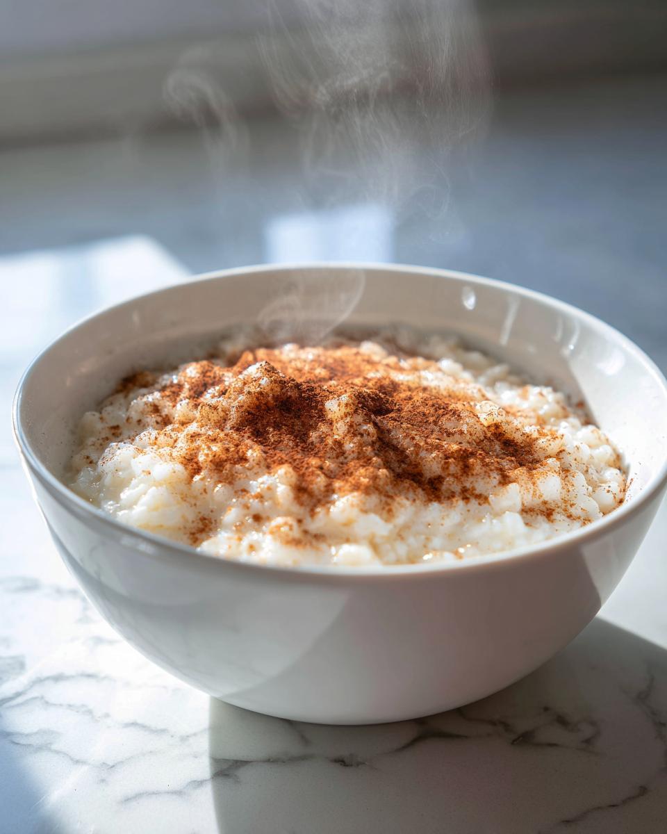 Nahaufnahme von dampfendem, cremigem Milchreis mit Zimt und Zucker in einer weißen Schüssel auf Marmor.