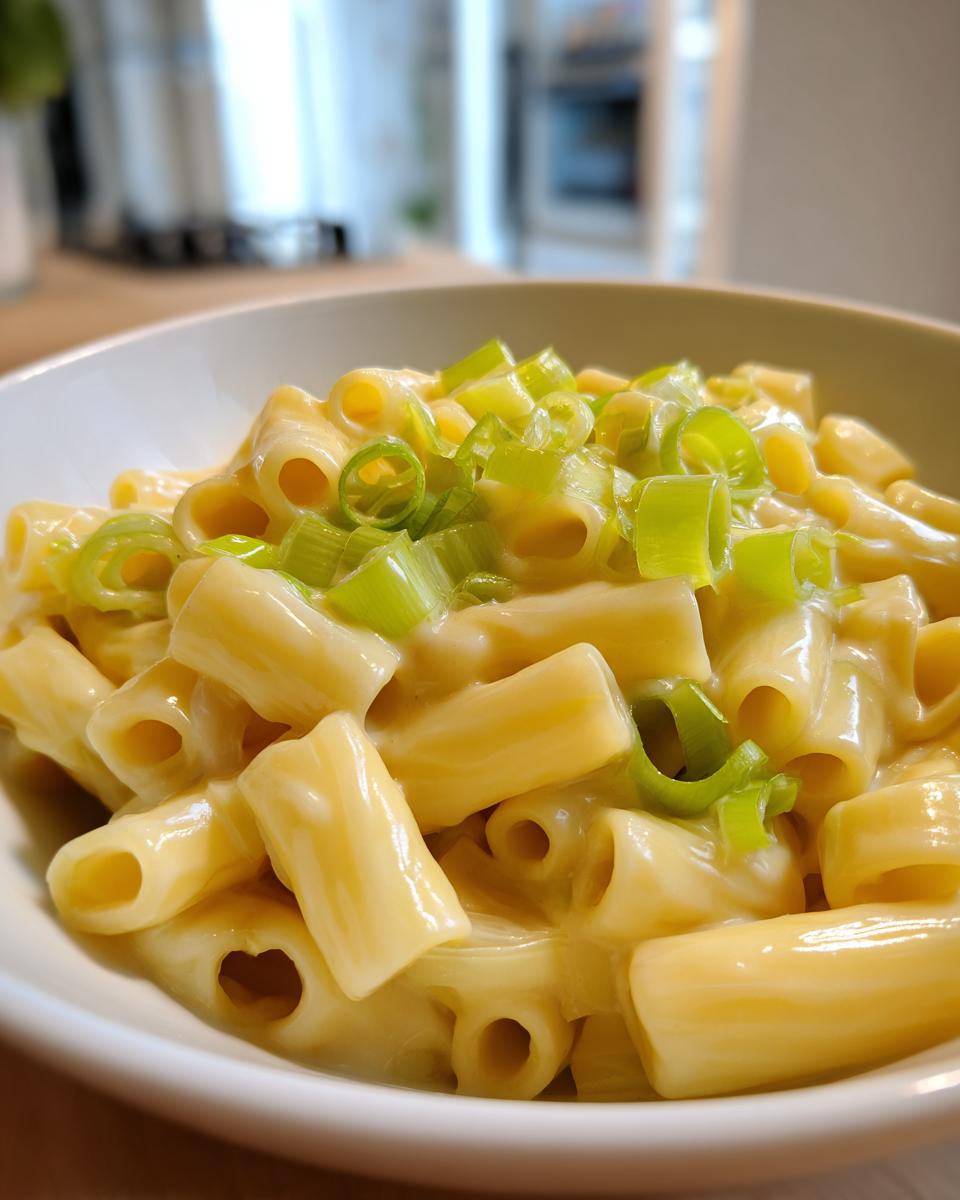 Nahaufnahme von cremigen Käse-Lauch-Nudeln (Röhrennudeln) in einer weißen Schüssel, garniert mit frischen Lauchzwiebelringen.