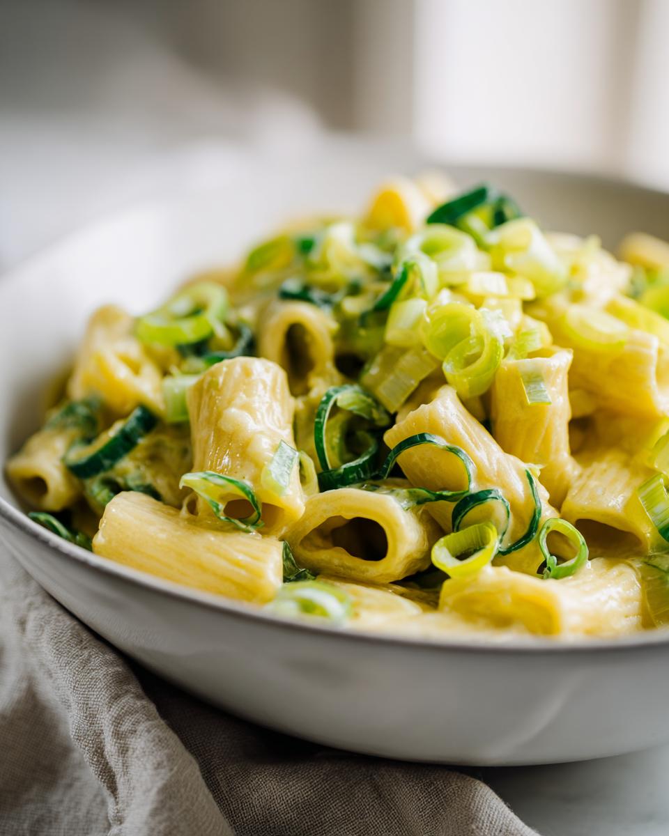 Nahaufnahme einer Schüssel mit cremigen Käse-Lauch-Nudeln, garniert mit frischen Lauchringen.