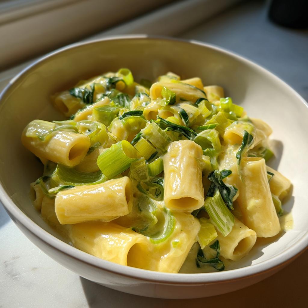 Nahaufnahme von cremigen Käse-Lauch-Nudeln mit viel grünem Lauch in einer weißen Schale.
