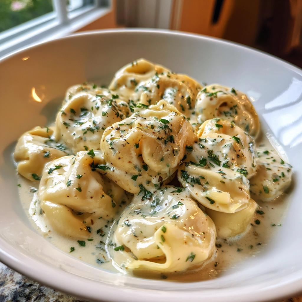 Nahaufnahme von Käse-Tortellini in Sahnesauce, bestreut mit frischer Petersilie.