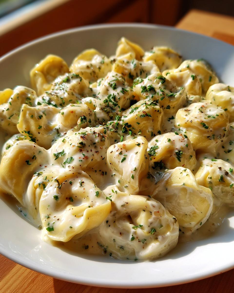 Ein Teller voller Käse-Tortellini in cremiger Sahnesauce, garniert mit Petersilie und Pfeffer.