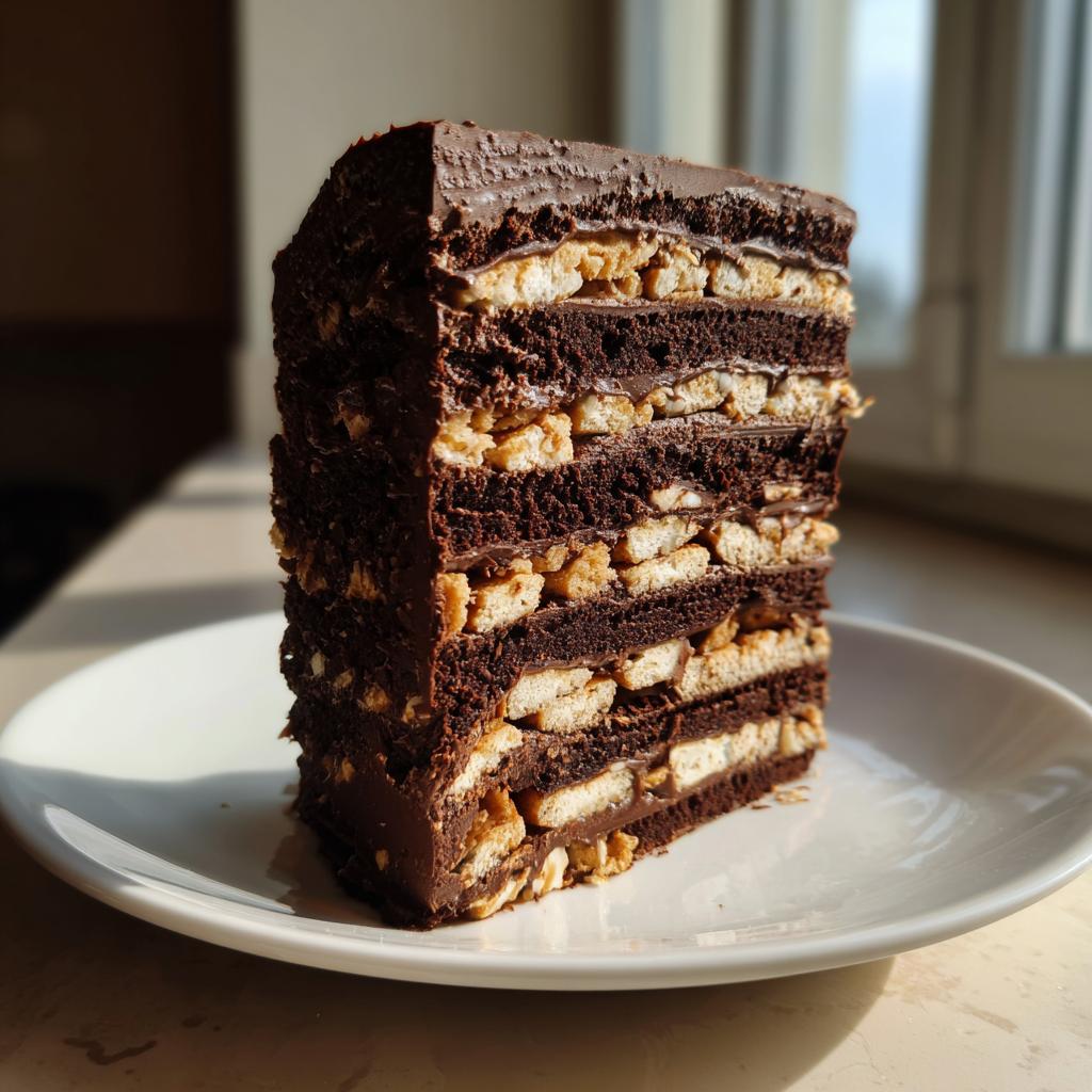 Ein hohes, anschnittfrisches Stück Kalter Hund klassisch mit vielen Schichten aus dunkler Schokolade und Butterkeksen.