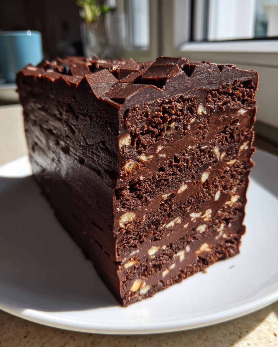 Nahaufnahme eines dicken Stücks Kalter Hund klassisch mit Schokolade und hellen Nussstücken auf einem Teller.