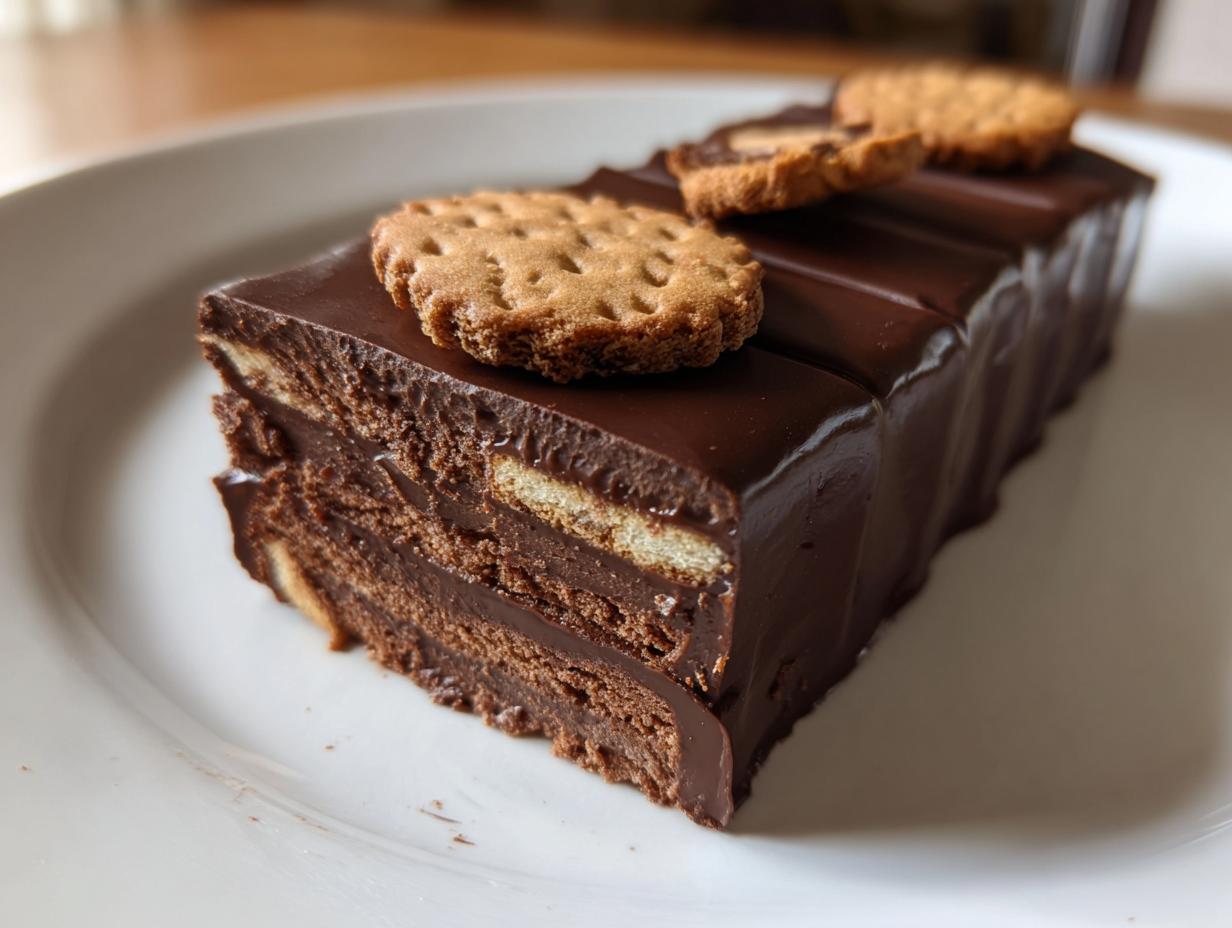 Ein angeschnittenes Stück Kalter Hund klassisch mit Schichten aus Schokoladencreme und Keksen, garniert mit Butterkeksen.