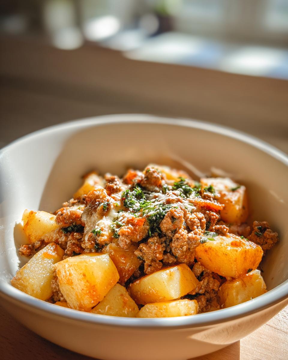 Eine Schüssel mit Kartoffel-Hackfleisch-Pfanne in Sahne, garniert mit Petersilie und Käse.