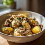 Cremige Kartoffel-Hackfleisch-Pfanne in Sahne, garniert mit frischem Dill, in einer tiefen Schale.