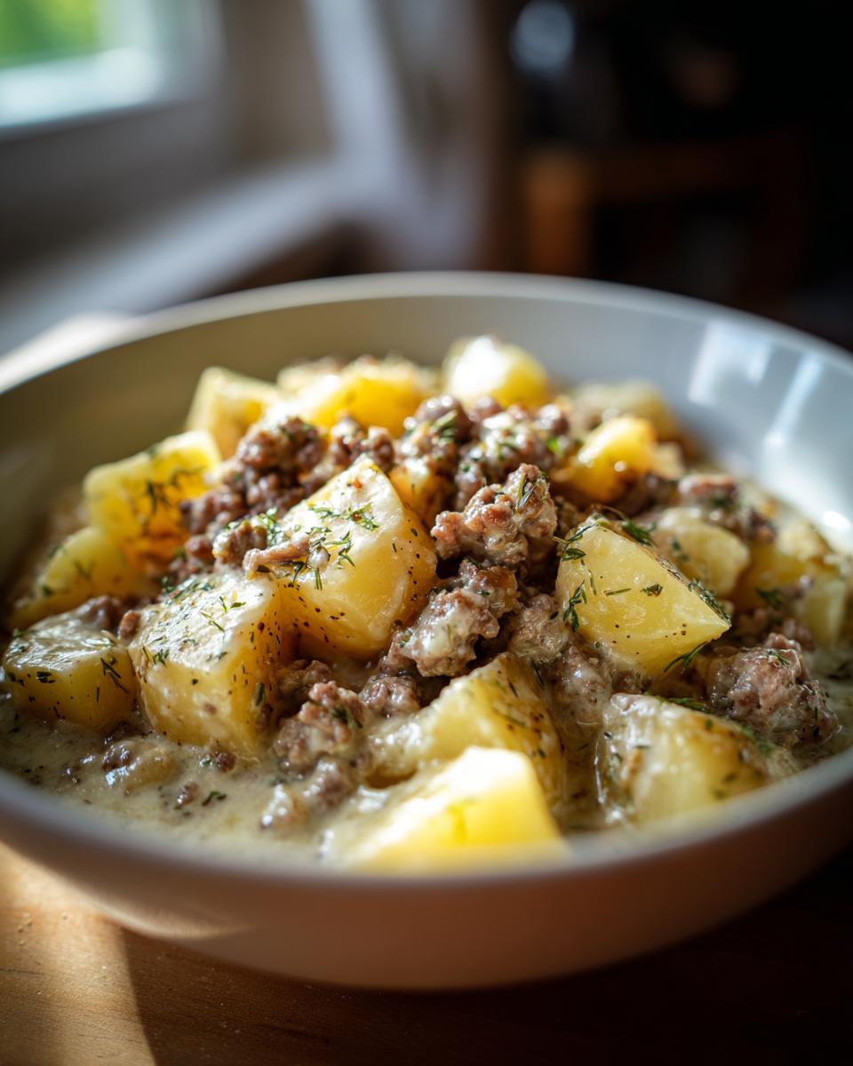 Nahaufnahme einer Schüssel mit Kartoffel-Hackfleisch-Pfanne in Sahne, garniert mit frischem Dill.