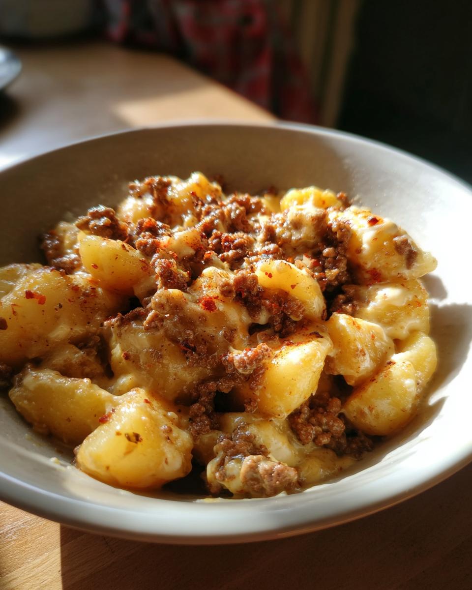 Eine Schüssel mit Kartoffel-Hackfleisch-Pfanne in Sahne, bedeckt mit gewürztem Hackfleisch und einem Hauch Paprika.