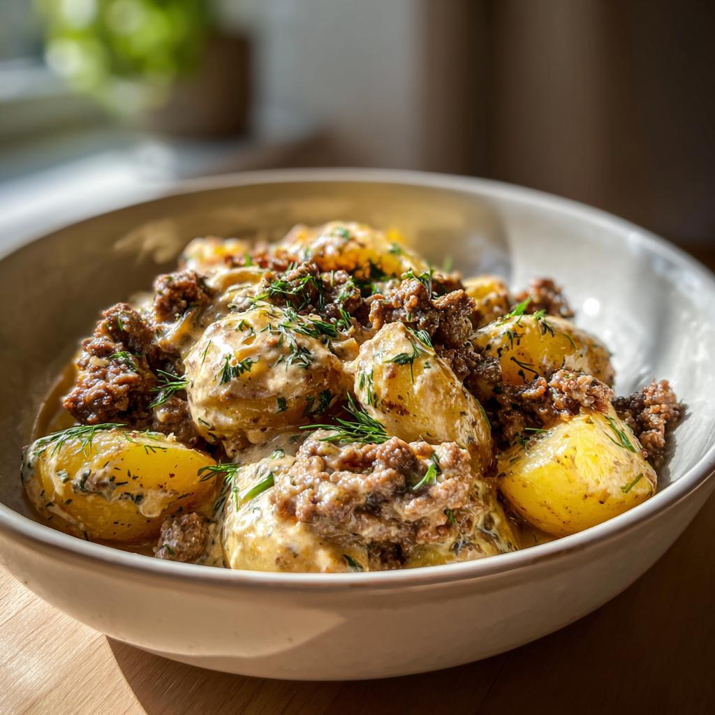 Cremige Kartoffel-Hackfleisch-Pfanne in Sahne, garniert mit frischem Dill, in einer tiefen Schale.