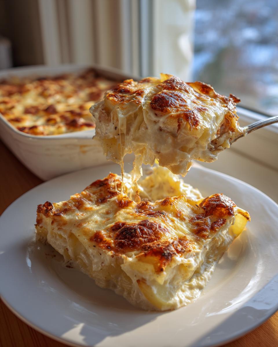 Ein Stück Kartoffel-Hähnchen-Auflauf in Sahnesauce wird mit einer Gabel vom Auflauf gehoben, der Käse zieht Fäden.