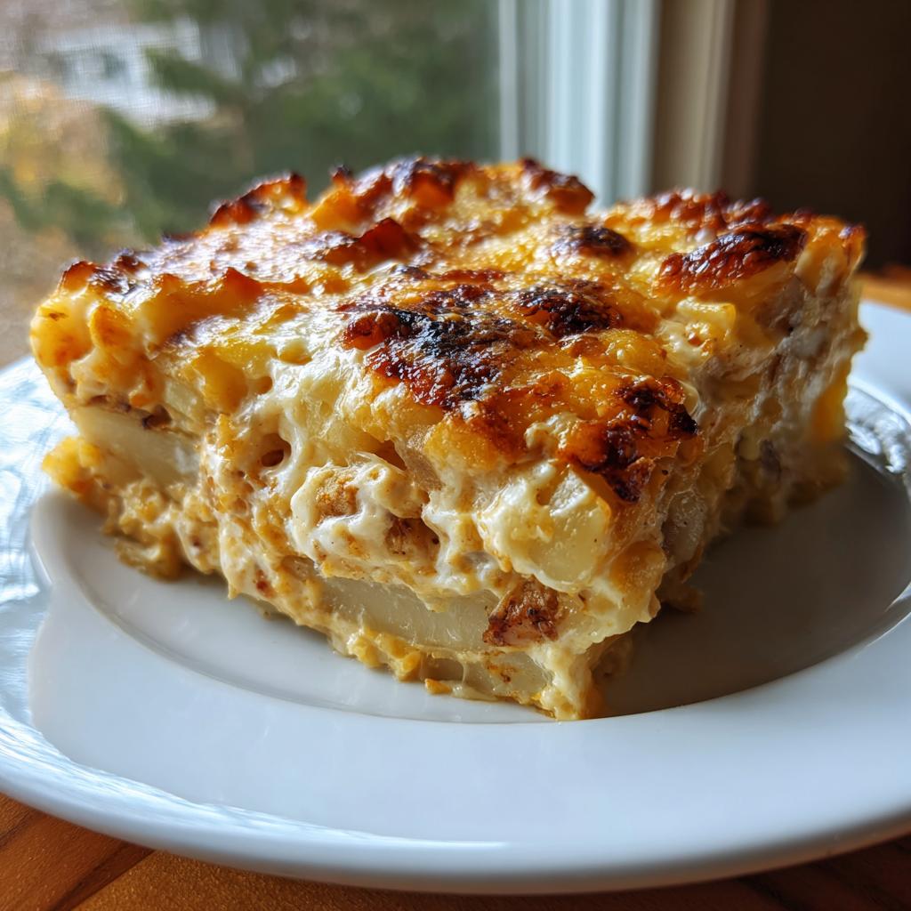 Ein saftiges Stück Kartoffel-Hähnchen-Auflauf in Sahnesauce mit goldbraun überbackener Käsekruste.