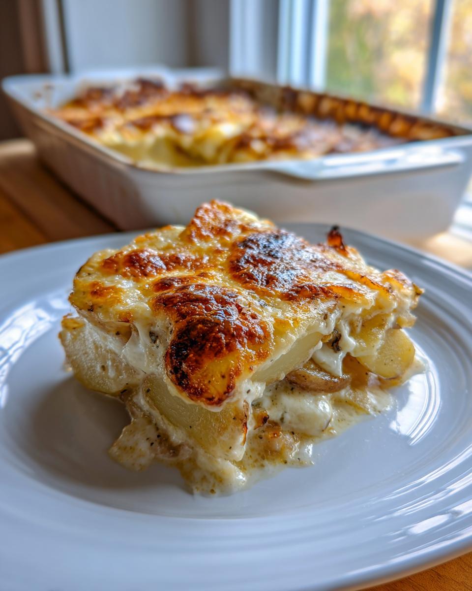 Ein saftiges Stück Kartoffel-Hähnchen-Auflauf in Sahnesauce mit goldbraun überbackenem Käse auf einem weißen Teller.