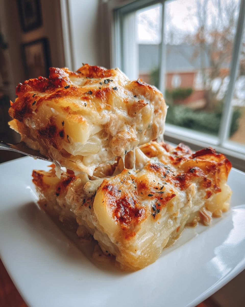 Ein Stück Kartoffel-Hähnchen-Auflauf in Sahnesauce wird mit einer Gabel angehoben, goldbraun überbacken.