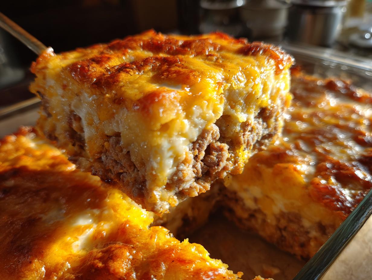 Ein Stück Kartoffelauflauf mit Hackfleisch und Sahne wird aus der Auflaufform gehoben, goldbraun überbacken.