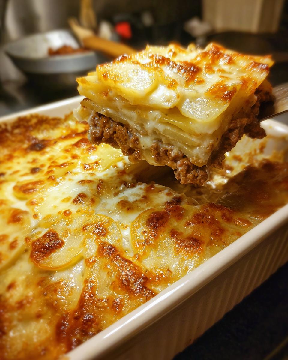 Ein Stück Kartoffelauflauf mit Hackfleisch und Sahne wird aus der Auflaufform gehoben, goldbraun überbacken.