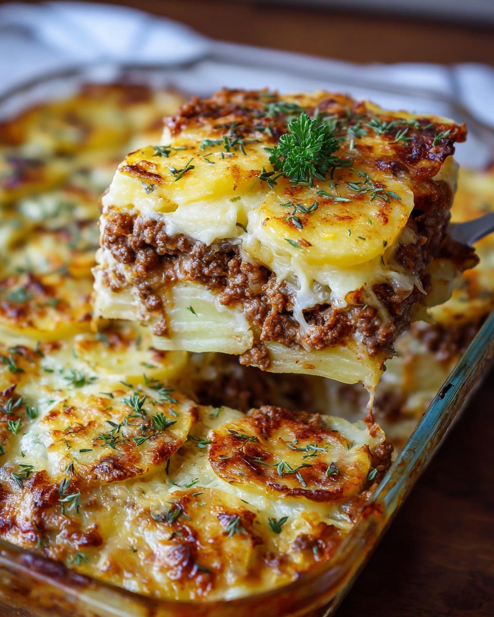 Ein großes, saftiges Stück Kartoffelauflauf mit Hackfleisch und Sahne wird aus der Auflaufform gehoben.