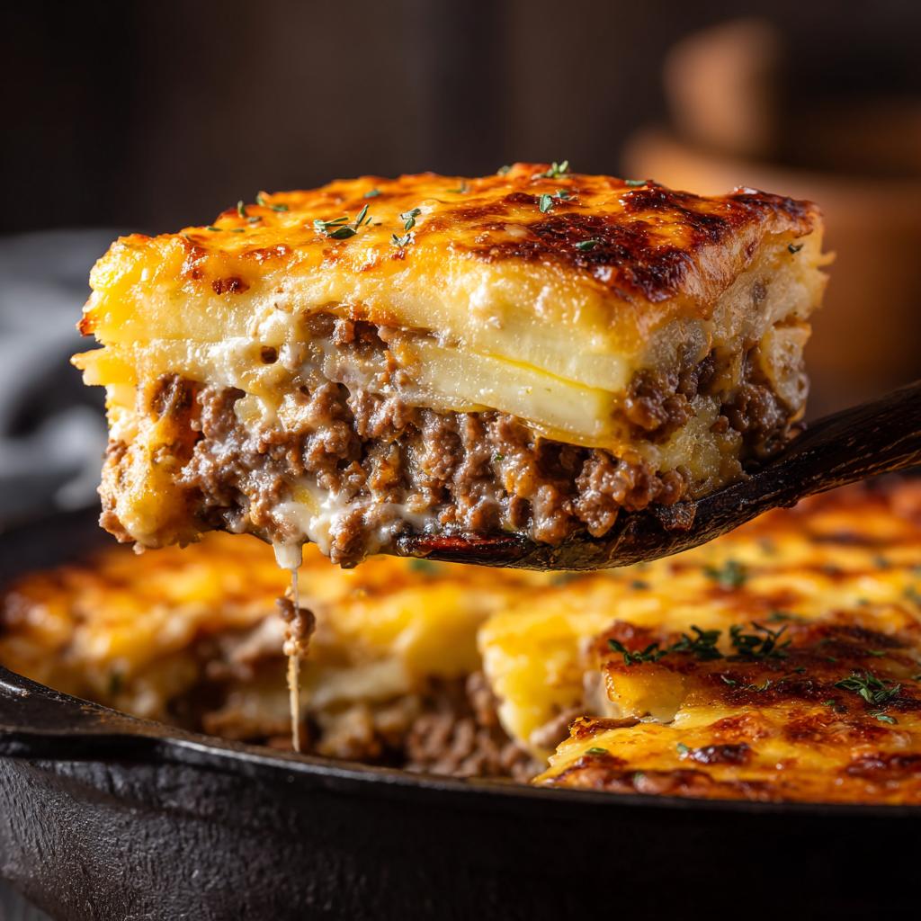 Ein saftiges Stück Kartoffelauflauf mit Hackfleisch und Sahne wird aus einer gusseisernen Pfanne gehoben.
