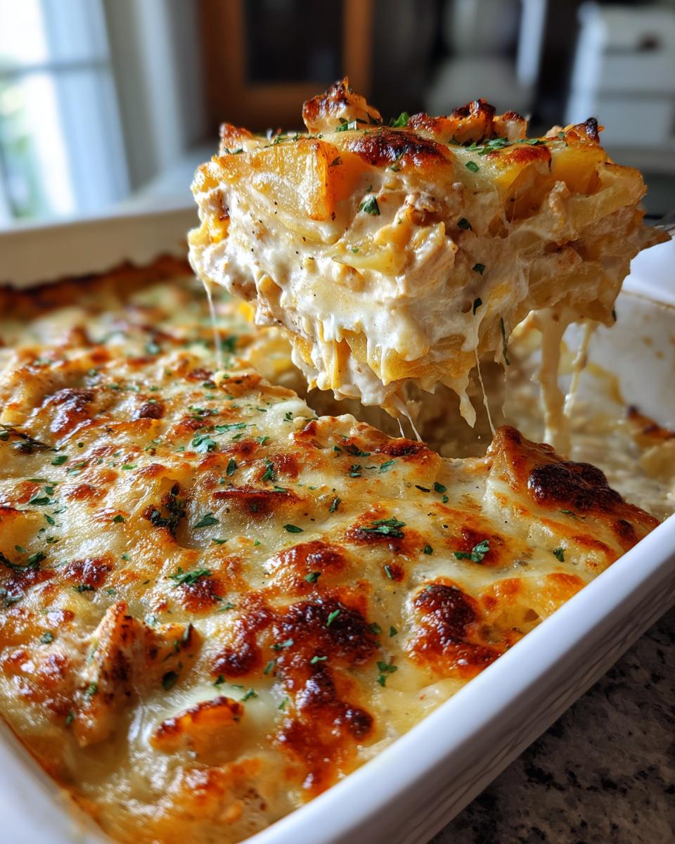 Ein Stück cremiger Kartoffelauflauf mit Hähnchen und Rahmsauce wird aus der Auflaufform gehoben.
