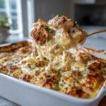 Ein Löffel voller Kartoffelauflauf mit Hähnchen und Rahmsauce zieht lange Käsefäden aus der Auflaufform.