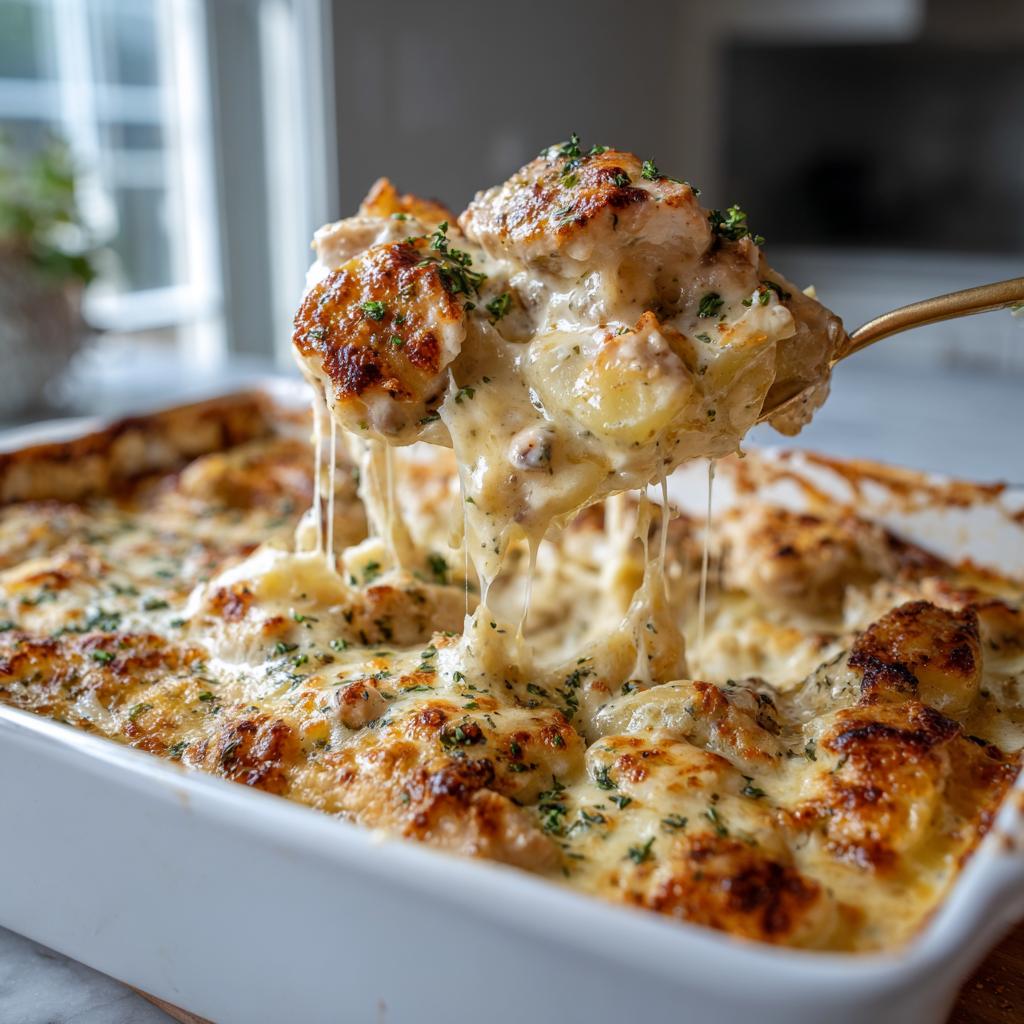 Ein Löffel voller Kartoffelauflauf mit Hähnchen und Rahmsauce zieht lange Käsefäden aus der Auflaufform.