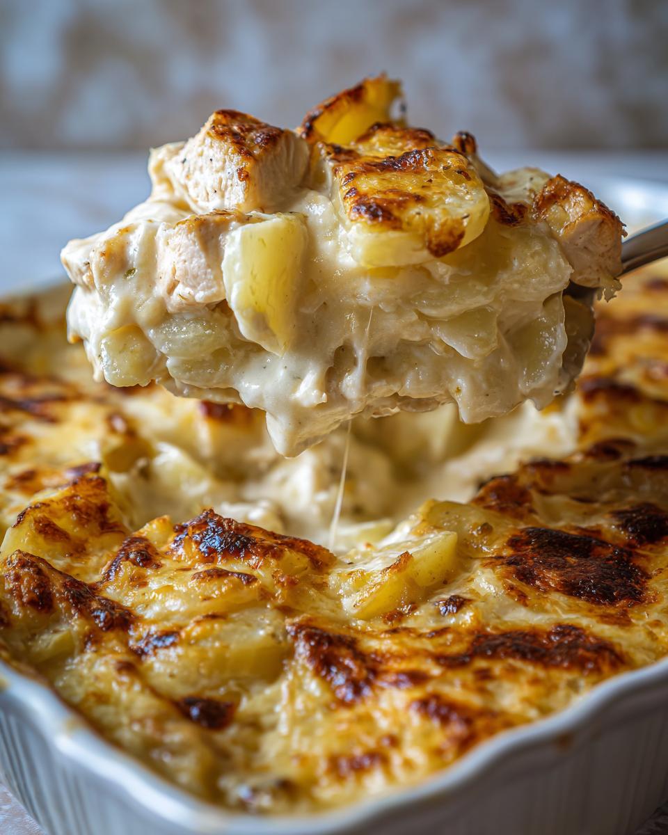 Ein Löffel voll Kartoffelauflauf mit Hähnchen und Rahmsauce wird aus der Auflaufform gehoben.