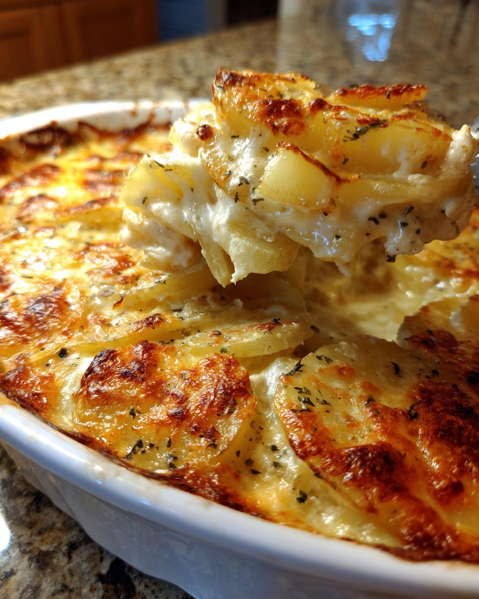 Ein Löffel voller cremigem Kartoffelauflauf mit Hähnchen und Rahmsauce, goldbraun überbacken.