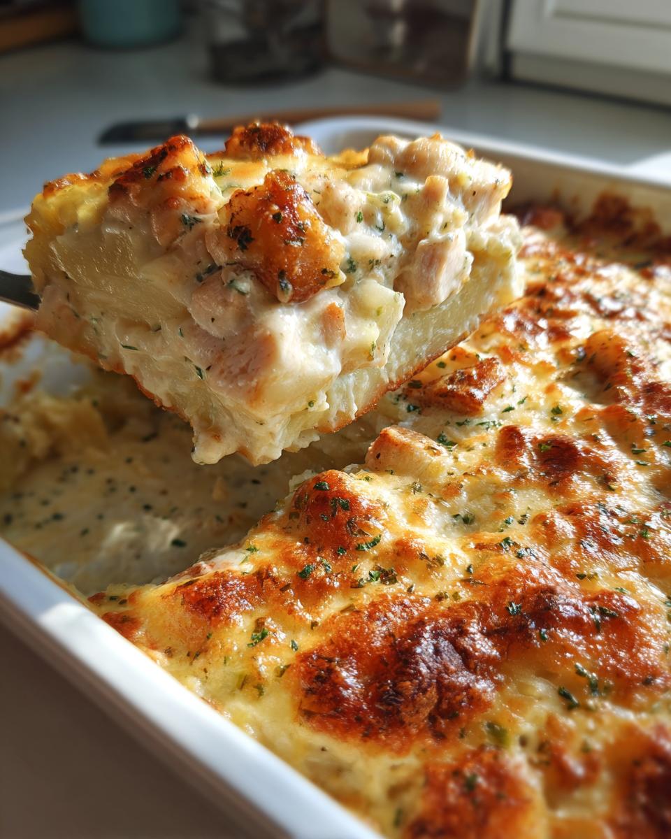 Ein Stück cremiger Kartoffelauflauf mit Hähnchen und Rahmsauce wird aus der Auflaufform gehoben.