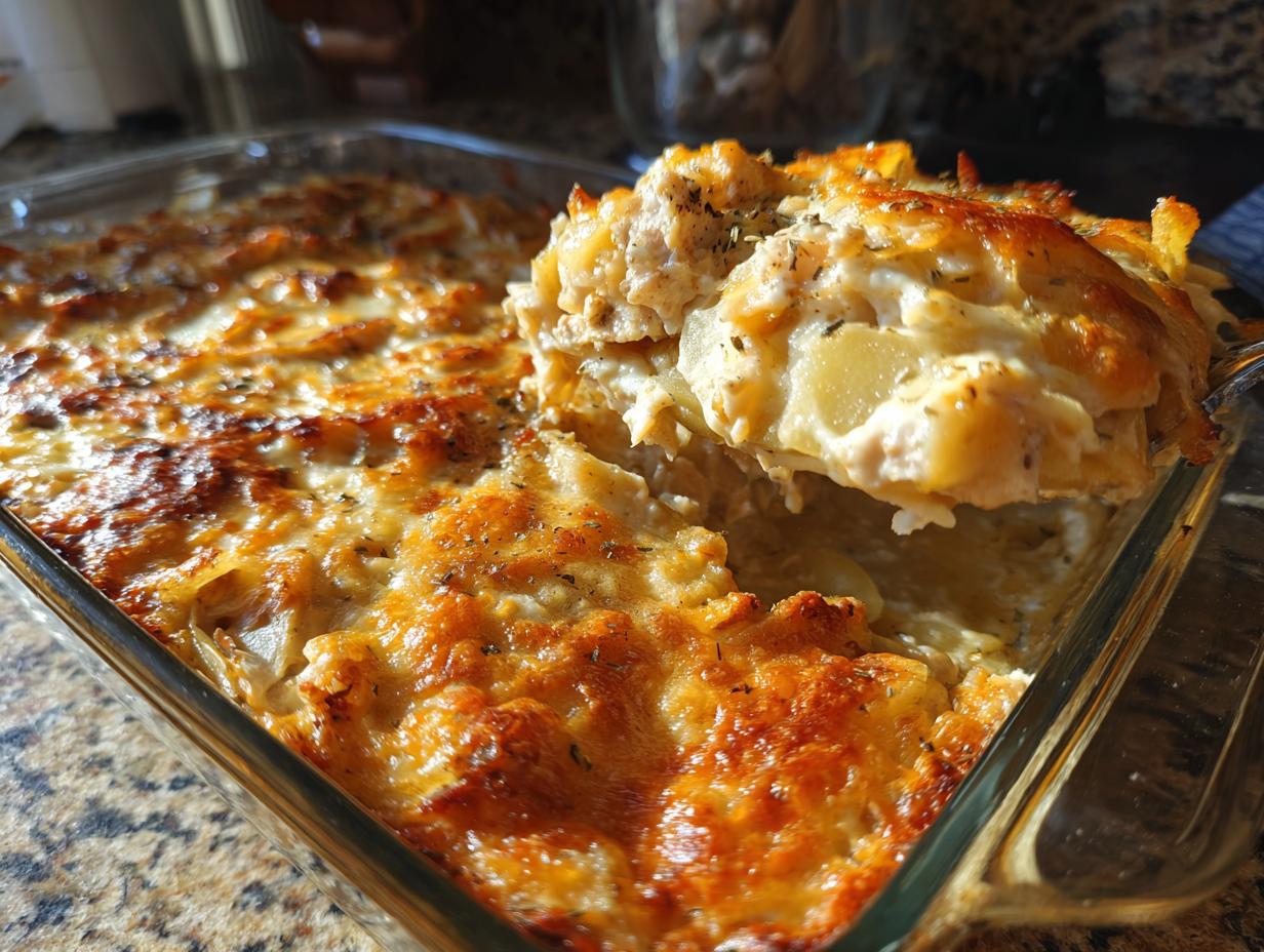Eine Portion cremiger Kartoffelauflauf mit Hähnchen und Rahmsauce wird aus einer Auflaufform gehoben, die goldbraune Käsekruste ist sichtbar.
