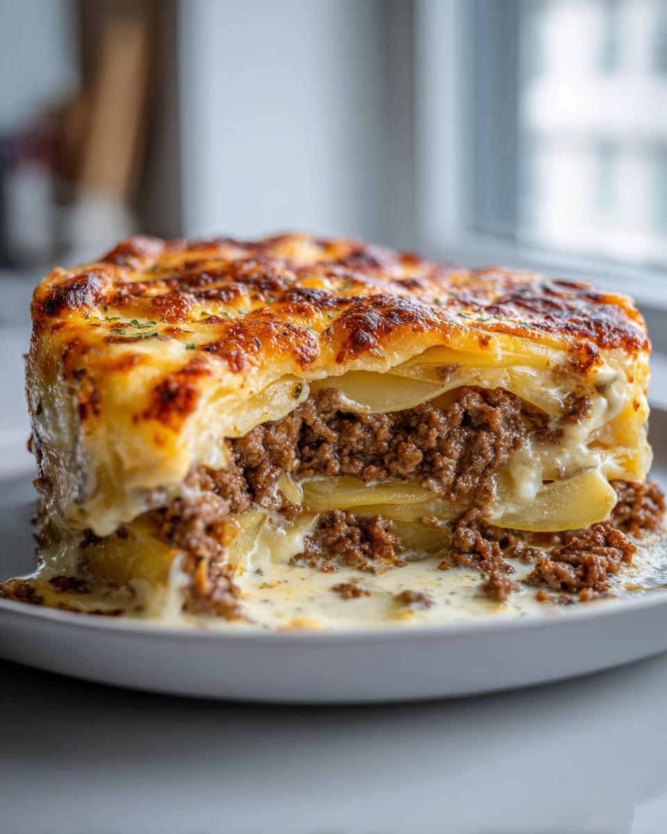 Ein dickes, saftiges Stück Kartoffelgratin mit Hackfleisch und Rahm mit goldbraun überbackener Käsekruste.