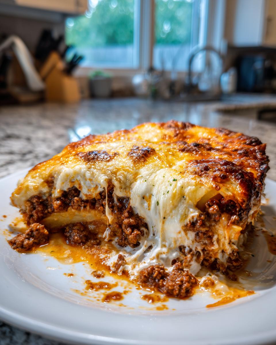 Ein großes Stück Kartoffelgratin mit Hackfleisch und Rahm, bedeckt mit geschmolzenem, goldbraunem Käse.