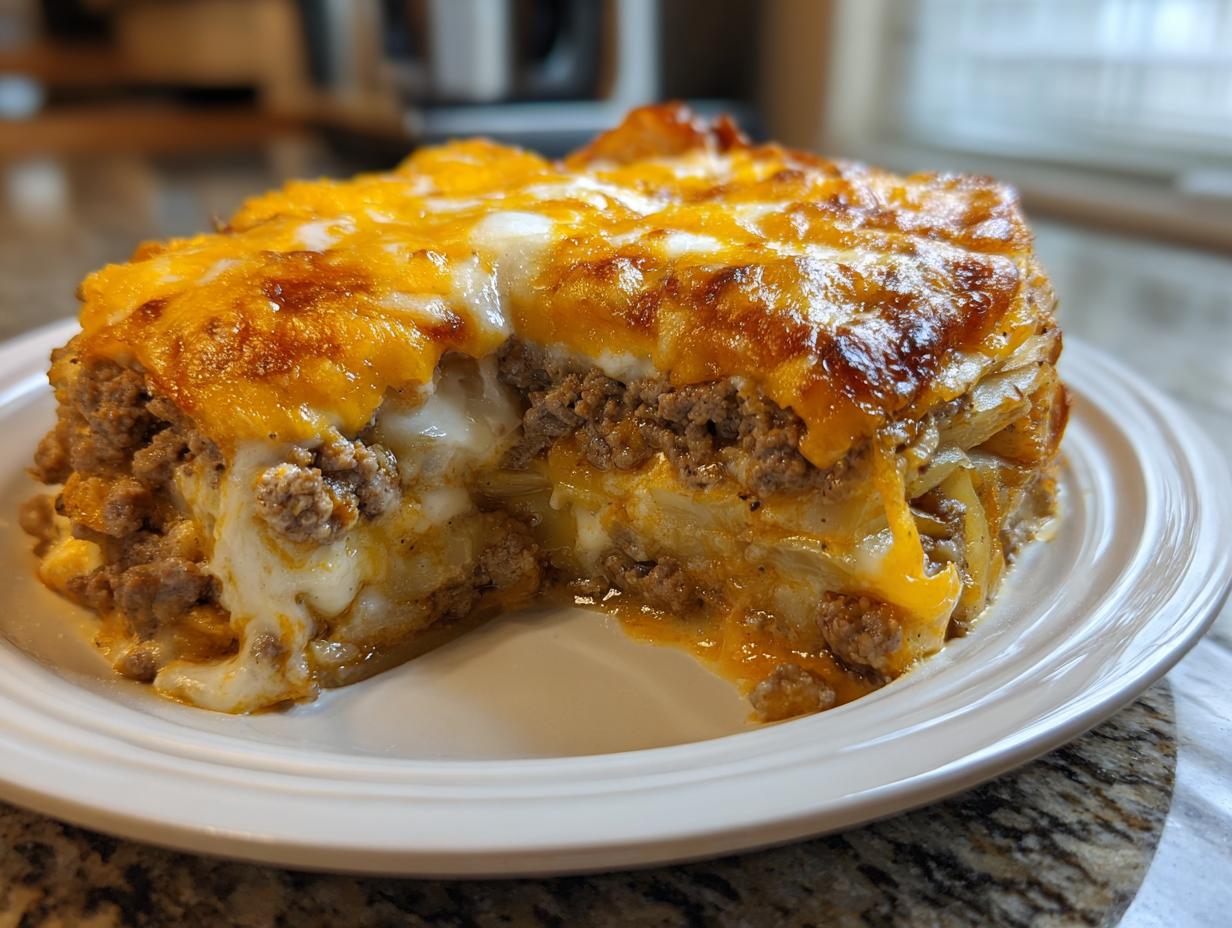 Ein saftiges Stück Kartoffelgratin mit Hackfleisch und Rahm mit goldbraun überbackenem Käse.