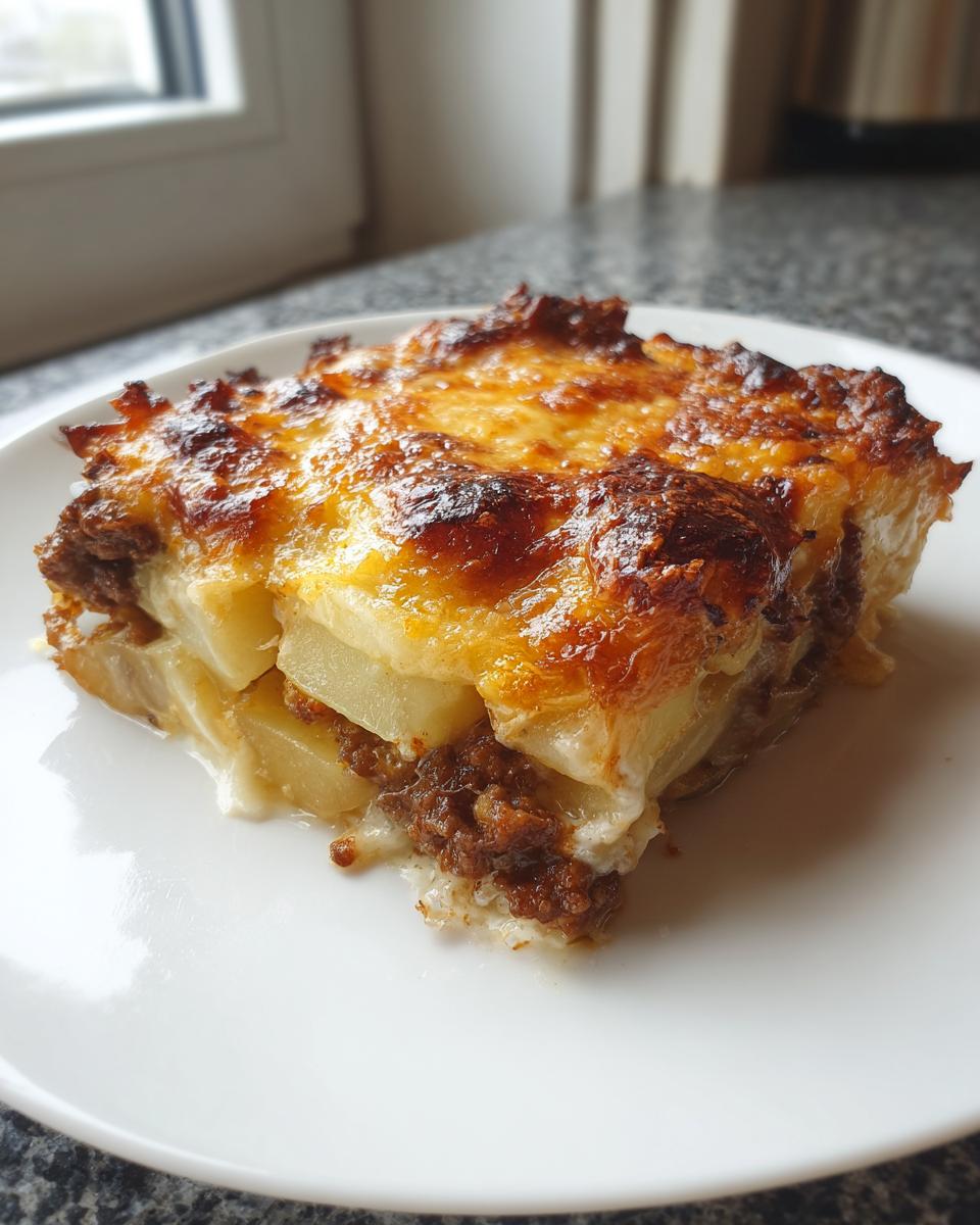 Ein saftiges Stück Kartoffelgratin mit Hackfleisch und Rahm mit goldbraun überbackener Käsekruste auf einem weißen Teller.