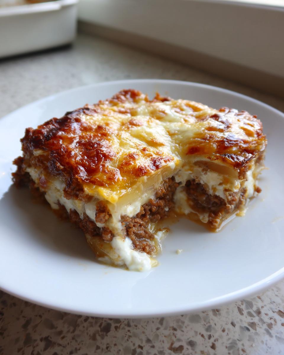 Ein saftiges Stück Kartoffelgratin mit Hackfleisch und Rahm mit goldbraun überbackener Käsekruste auf einem weißen Teller.