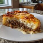 Ein saftiges Stück Kartoffelgratin mit Hackfleisch und Rahm mit goldbraun überbackener Käsekruste.