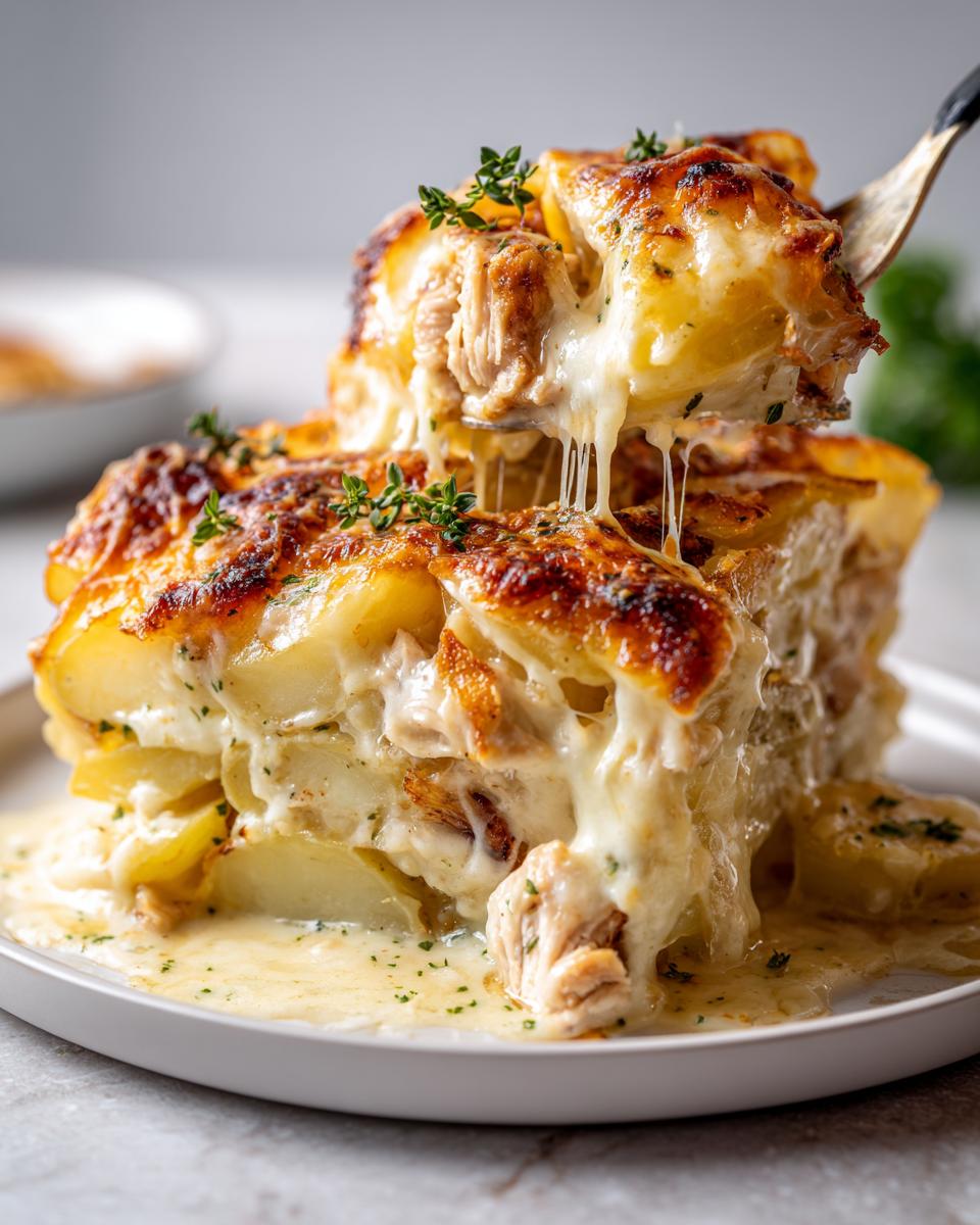 Ein üppiges Stück Kartoffelgratin mit Hähnchen in Sahnesauce, Käse zieht Fäden beim Anheben mit einer Gabel.