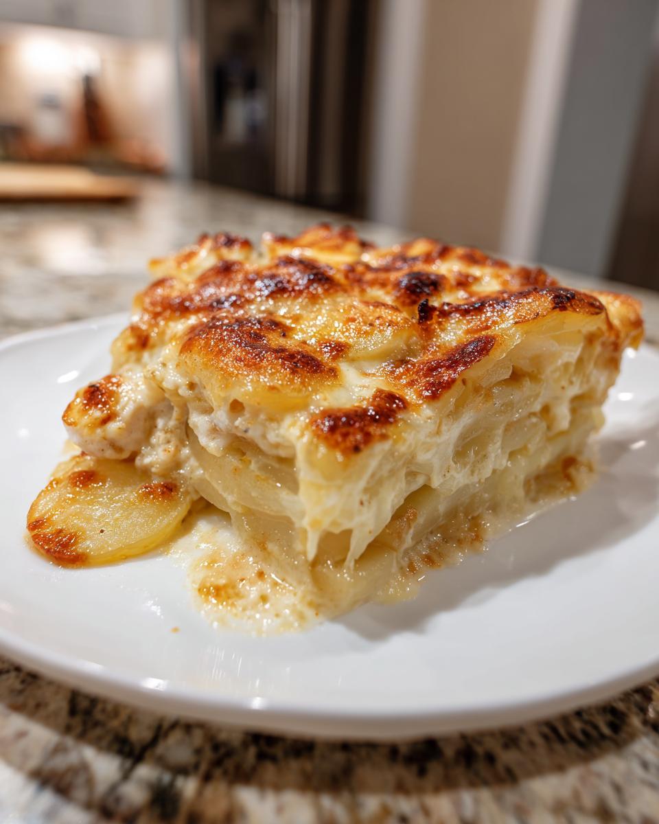 Ein saftiges Stück Kartoffelgratin mit Hähnchen in Sahnesauce mit goldbraun überbackener Kruste auf einem weißen Teller.