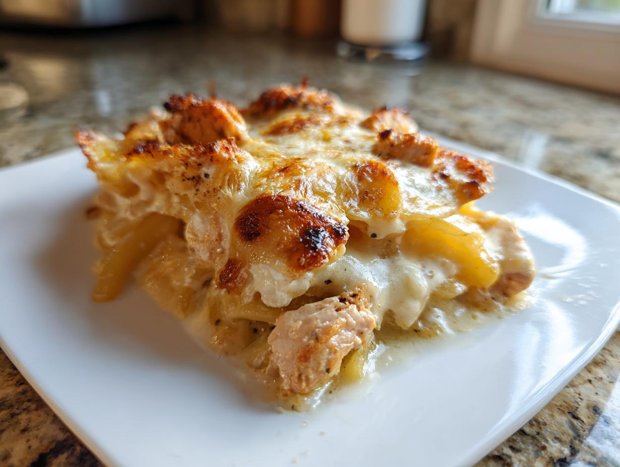 Ein appetitliches Stück Kartoffelgratin mit Hähnchen in Sahnesauce mit goldbraun überbackener Käsekruste.