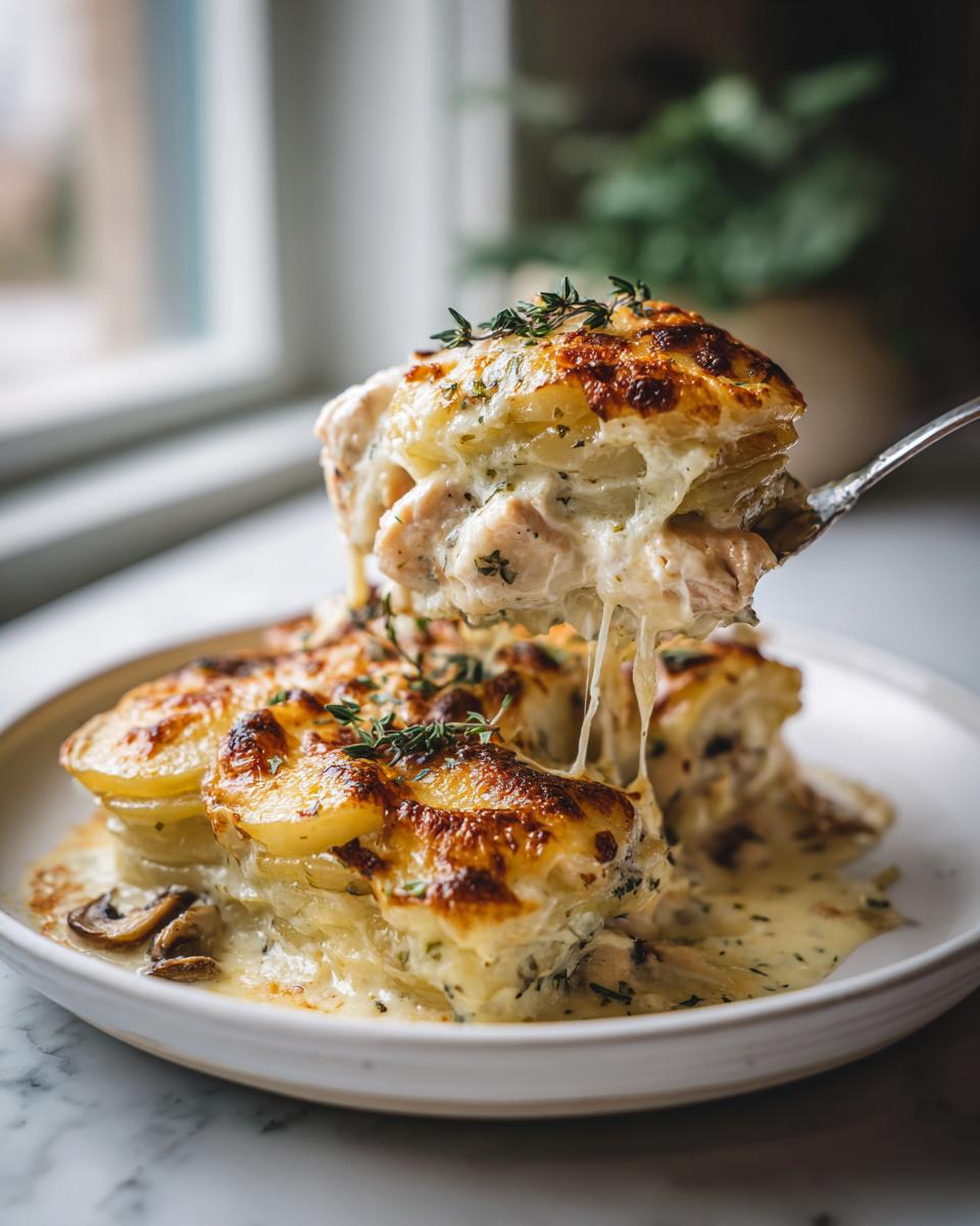 Ein Stück Kartoffelgratin mit Hähnchen in cremiger Sahnesauce wird mit einer Gabel herausgehoben, Käse zieht Fäden.