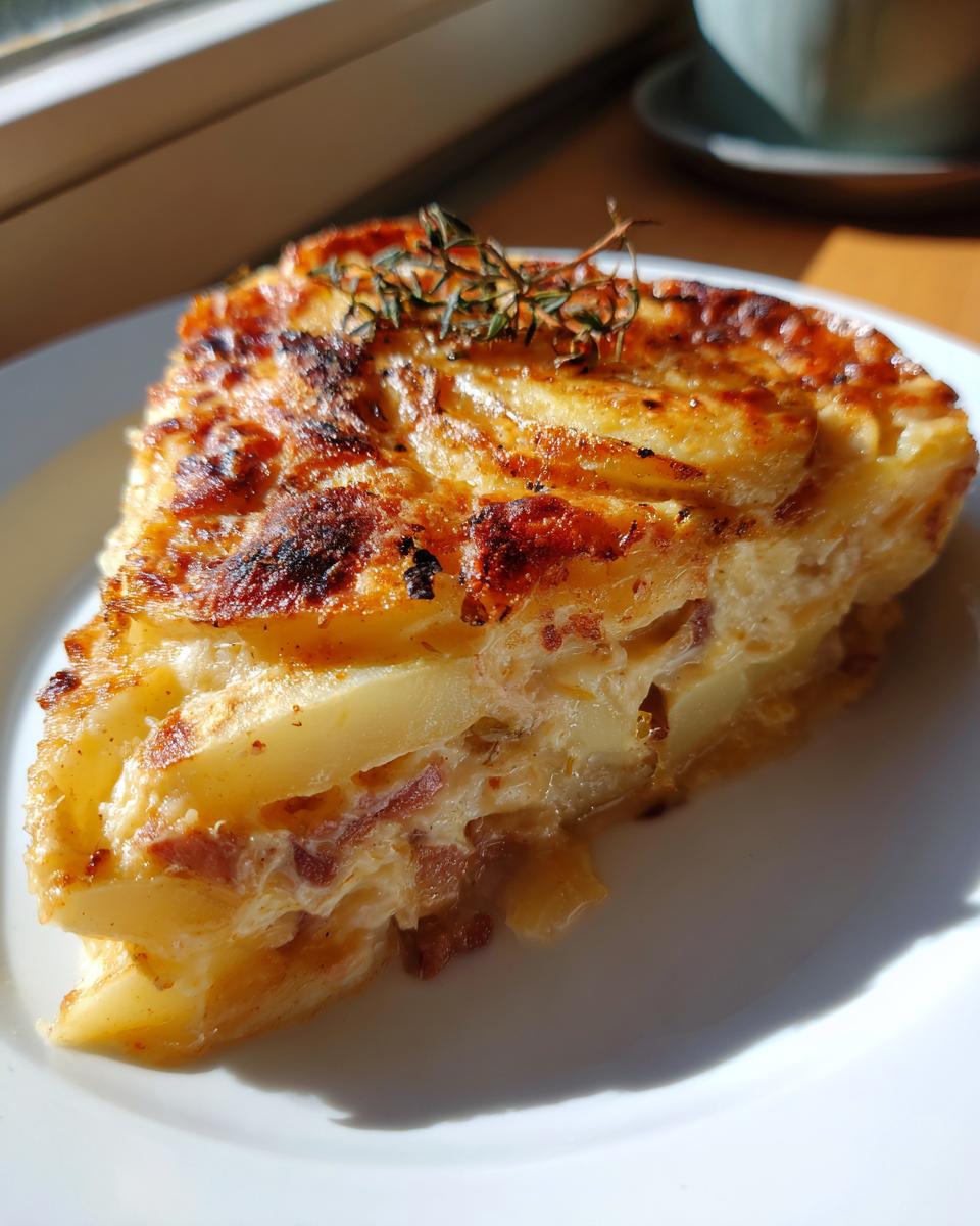 Ein saftiges Stück Kartoffelgratin mit Rinderstreifen in Rahm, goldbraun gebacken und mit Thymian garniert.