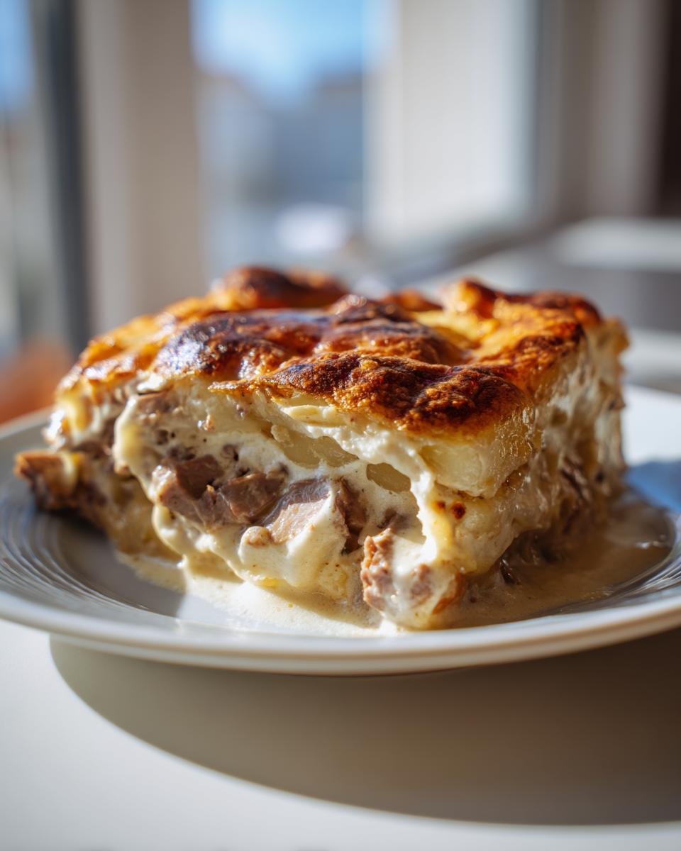 Ein saftiges Stück Kartoffelgratin mit Rinderstreifen in Rahm mit goldbraun überbackener Kruste.