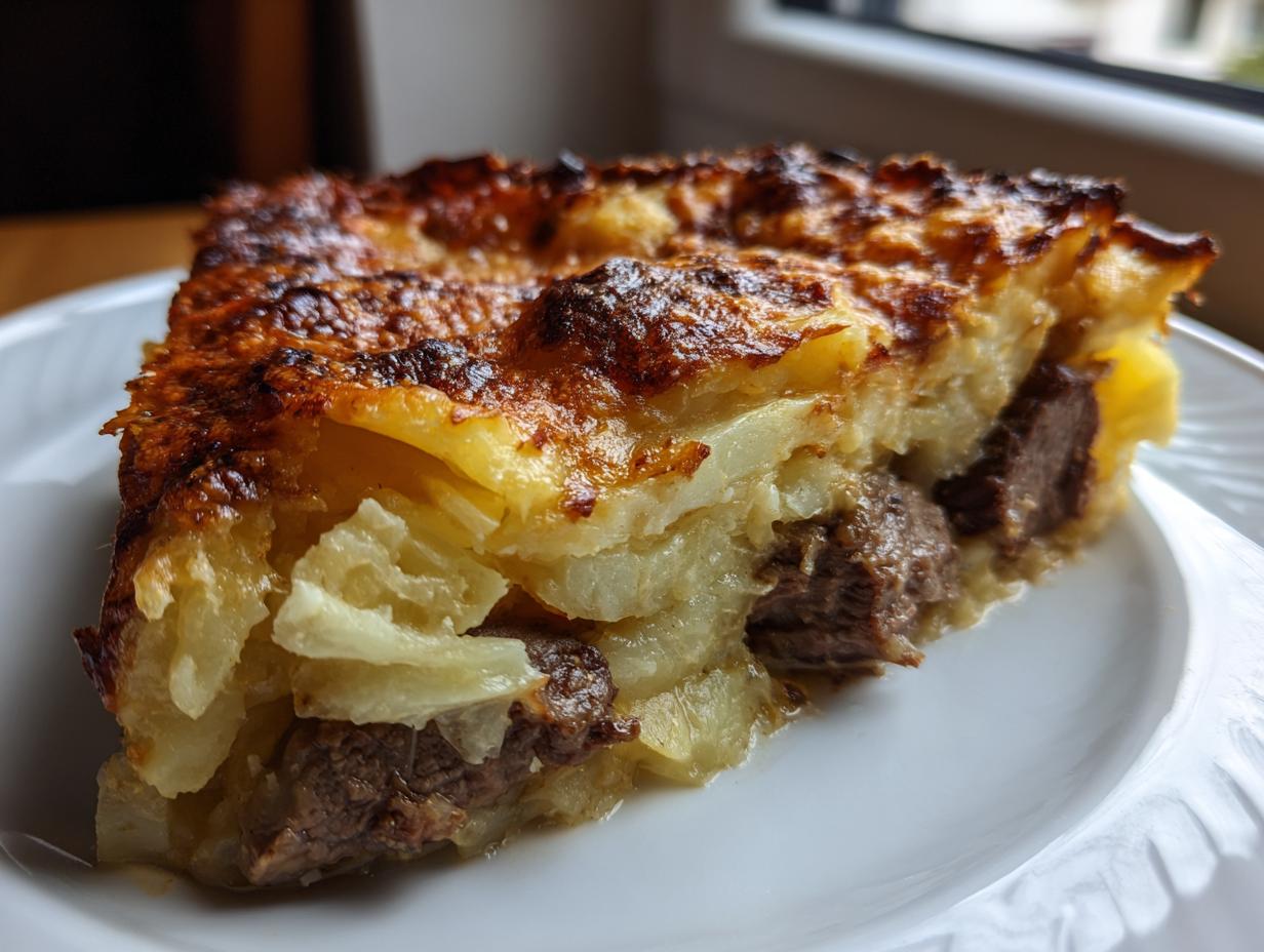 Ein saftiges Stück Kartoffelgratin mit Rinderstreifen in Rahm, goldbraun überbacken auf einem weißen Teller.