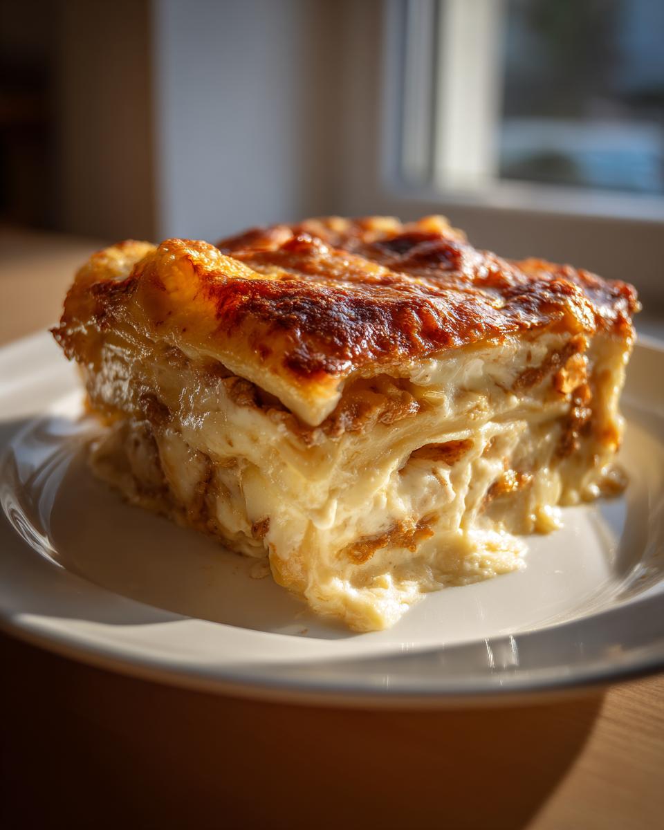Ein saftiges Stück Kartoffelgratin mit Rinderstreifen in Rahm mit goldbraun gebackener Käsekruste auf einem weißen Teller.