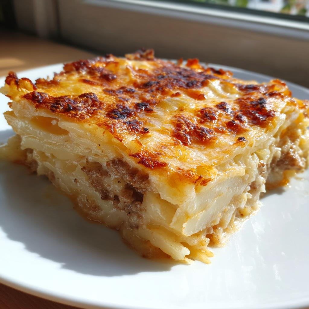 Ein saftiges Stück Kartoffelgratin mit Rinderstreifen in Rahm mit goldbraun gebackener Käsekruste.