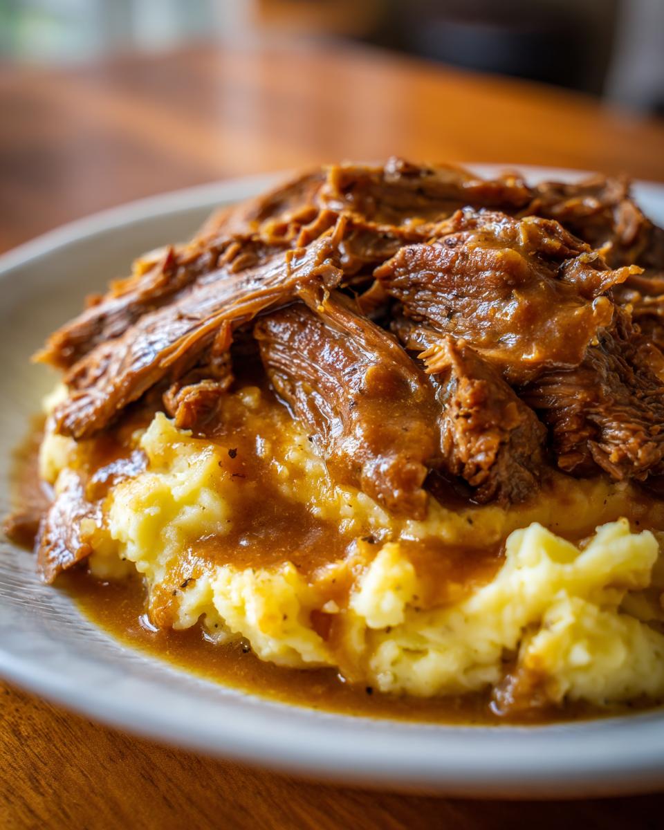 Nahaufnahme von cremigem Kartoffelpüree, bedeckt mit zartem Fleisch und dunkler Sauce, ähnlich Kartoffelpüree mit Gyros in Metaxasauce.