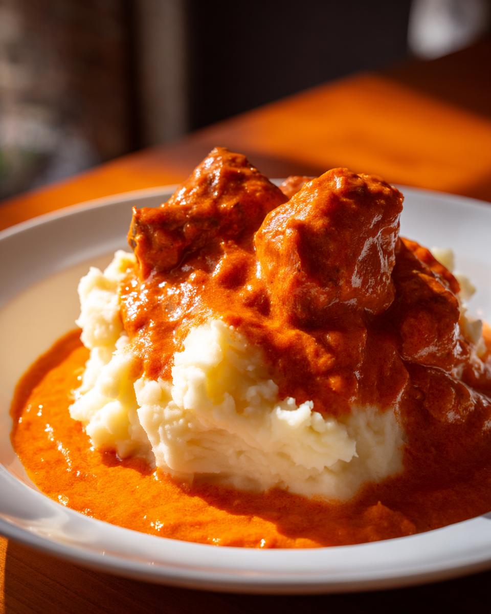 Cremiges Kartoffelpüree mit Hackbällchen in leuchtend roter Paprikarahm-Sauce auf einem weißen Teller.