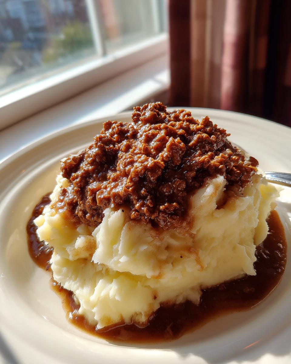 Ein Teller mit fluffigem Kartoffelpüree, bedeckt mit cremigem Hackfleisch und dunkler Bratensauce.