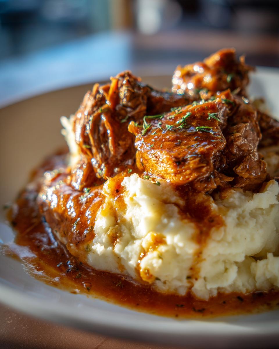 Cremiges Kartoffelpüree mit saftigem Gyros in dunkler Metaxasauce, garniert mit Kräutern.