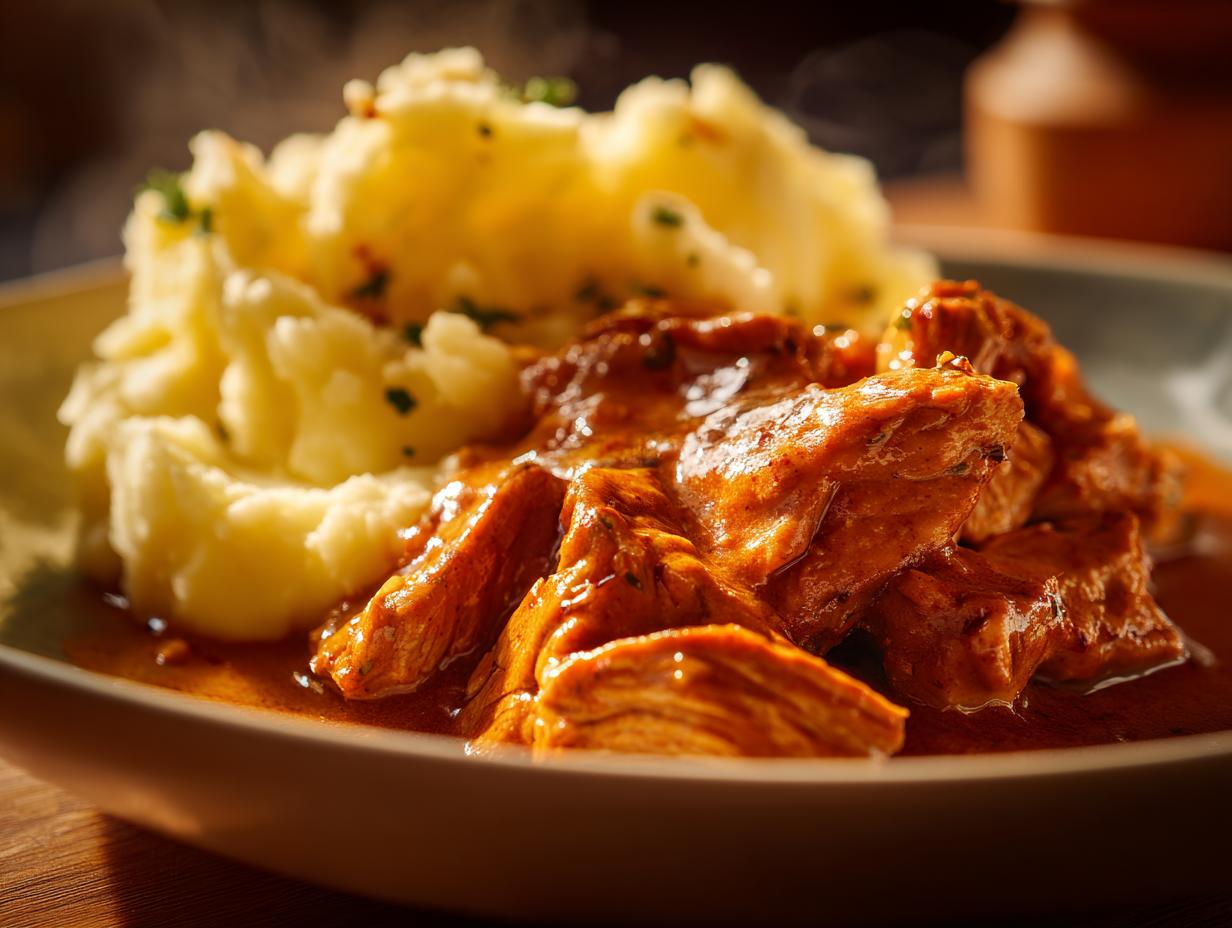 Nahaufnahme von cremigem Kartoffelpüree neben saftigem Gyros in würziger Metaxasauce.