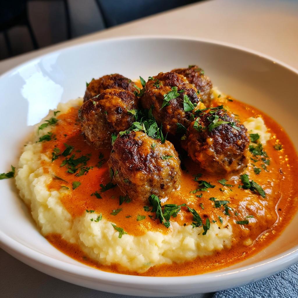 Köstliches Kartoffelpüree mit Hackbällchen in Tomatenrahm, garniert mit frischer Petersilie.